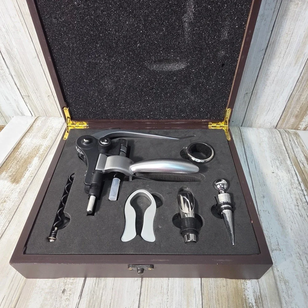 Professional 6 Piece Wine Opener Set with Lever Corkscrew in Wooden Gift Box